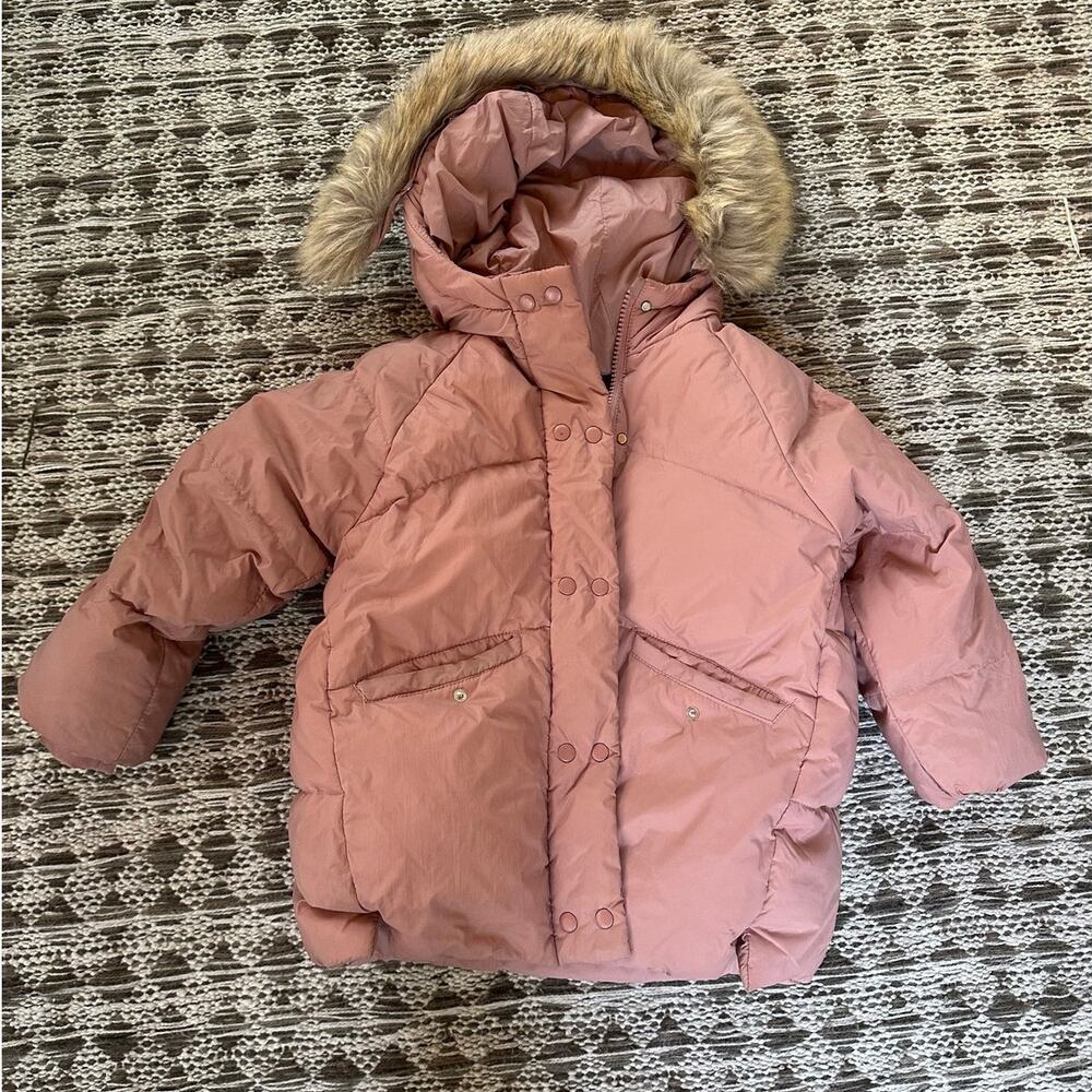 ZARA Kids Pink Puffer Coat Down Snaps and Zip Down Size 3-4Y Faux Fur Trim